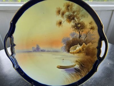 Vintage Nippon Japan Hand Painted Double Handled Cake Plate