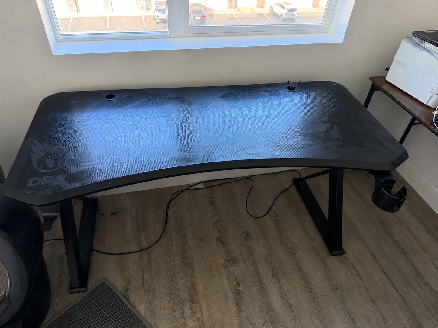 DPS Gaming Desk - Large Black Carbon Fiber Style with Cup Holder & Headphone Hook