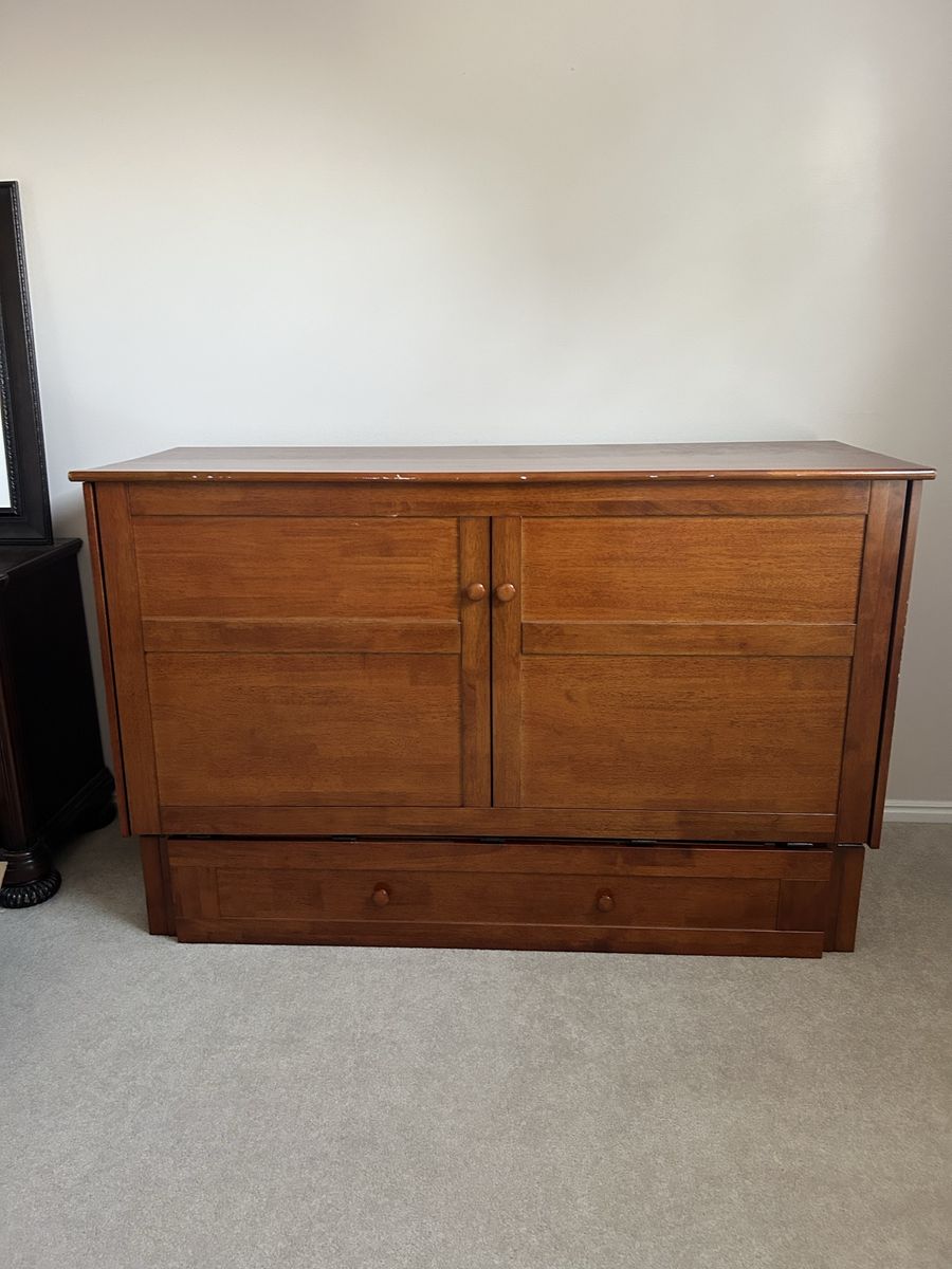 Clover Cherry Brown Queen Murphy Cabinet Bed with Storage Drawer