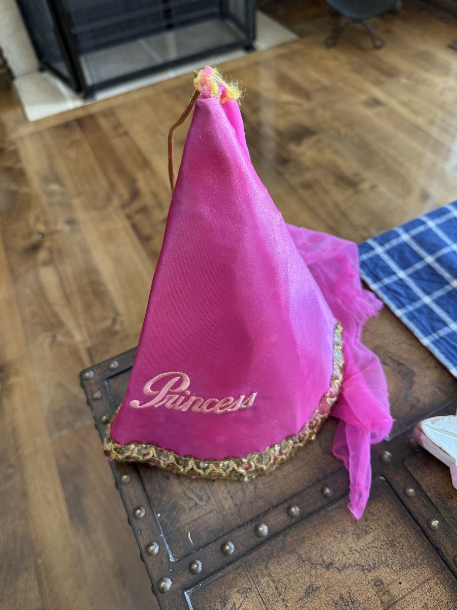 Vintage Disneyland Princess cone hat with gold sequins tag says youth.