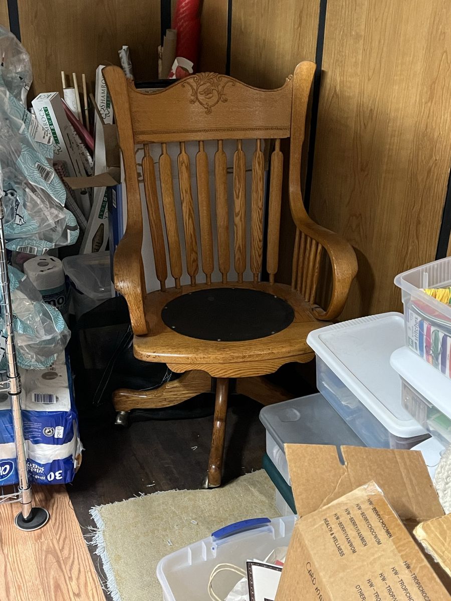 Vintage Oak Wood Swivel Desk Chair with Engraved Back & Black Seat
