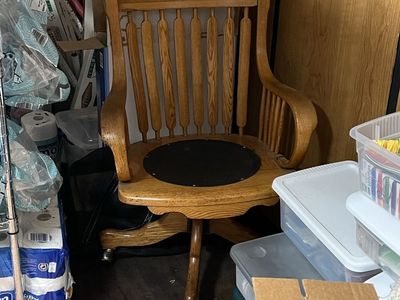 Vintage Oak Wood Swivel Desk Chair with Engraved Back & Black Seat