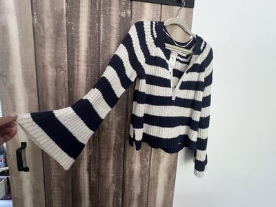 Pilcro by Anthropologie Women's Blue & White Striped Bell Sleeve Knit Sweater Size XL