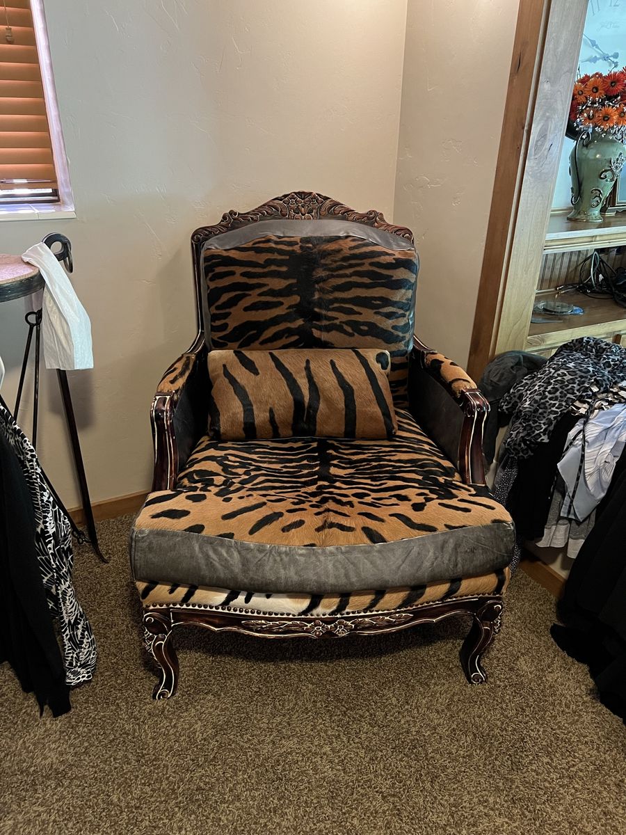 Ornate Wood Armchair with Tiger Print Upholstery