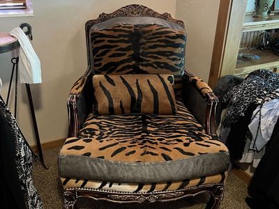 Ornate Wood Armchair with Tiger Print Upholstery