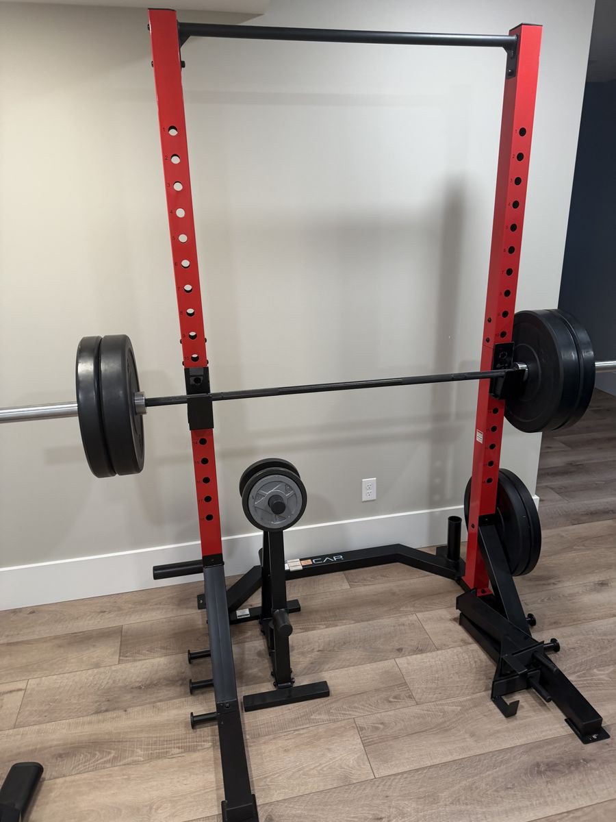 CAP Barbell Power Rack with 45lb Olympic Bar & Plates (2x45, 2x35, 2x25) + Stand