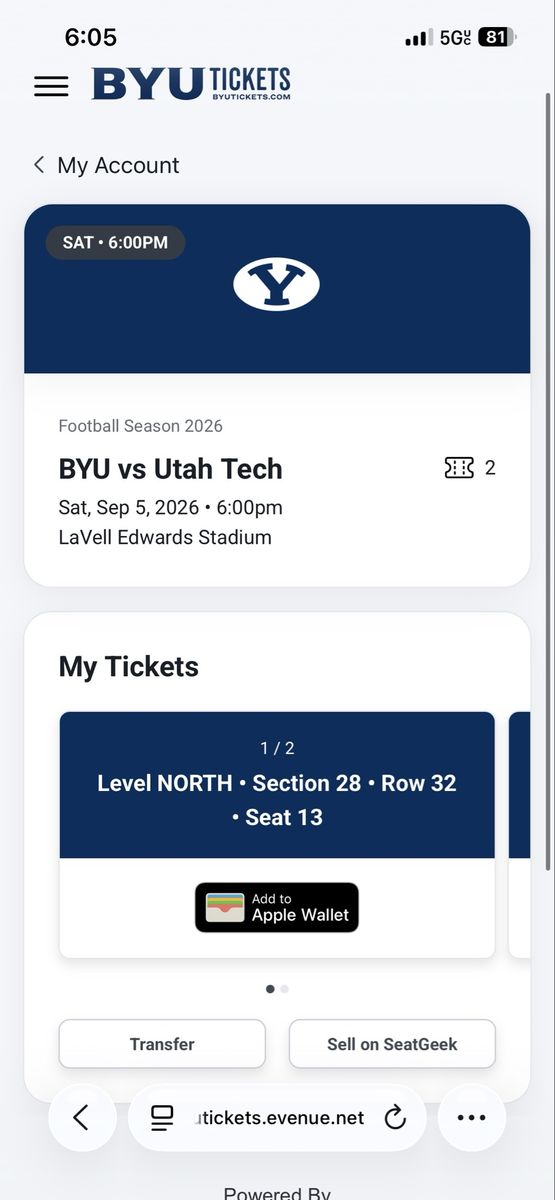 2 BYU vs Utah Tech Football Tickets - Sep 5, 2026 - LaVell Edwards Stadium