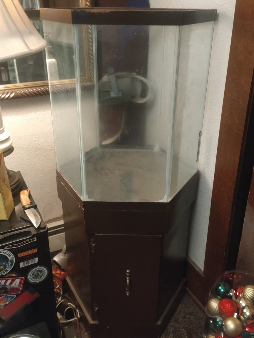 Fish Tank Aquarium 35 gallon hexagon with Wooden Cabinet Stand