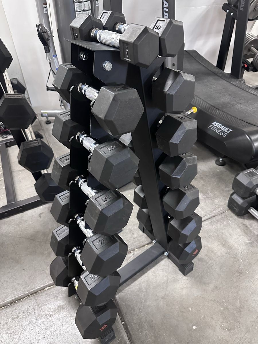 Rubber Hex Dumbbells/Rack & Adjustable Bench