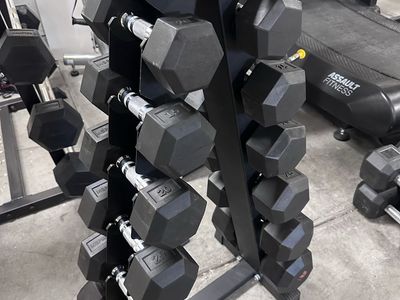 Rubber Hex Dumbbells/Rack & Adjustable Bench