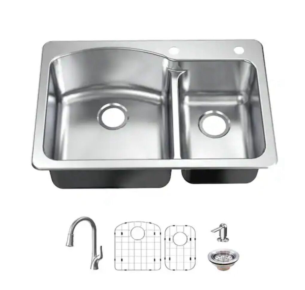 HALF PRICE OF HOME DEPOT! BRAND NEW 33" Glacier Bay All-IN-One Stainless Steel Kitchen Sink Kit