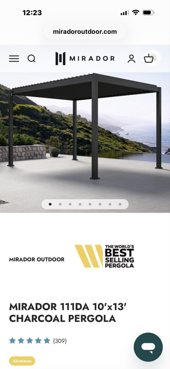 NEW MIRADOR ALUMINUM 10’X13’ CHARCOAL PERGOLA WITH TWO ALUMINUM PRIVACY WALLS.