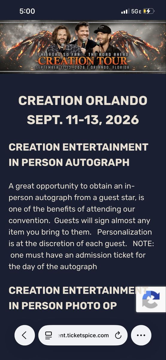 Creation Orlando Sept 11-13 2026 Ticket - Supernatural Convention