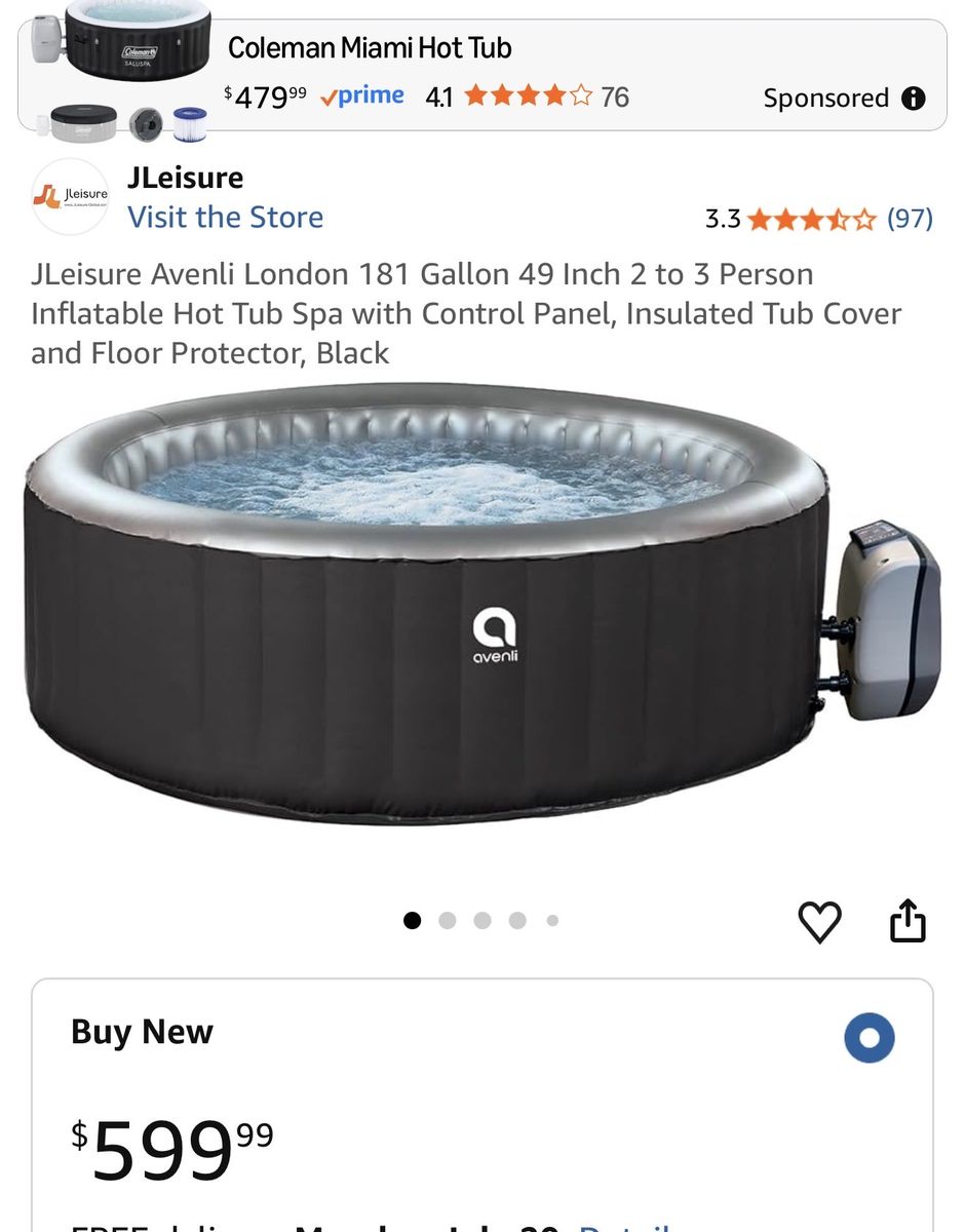 JLeisure Avenli London Inflatable Hot Tub Spa, 181 Gallon, 2-3 Person, Insulated Cover, Black