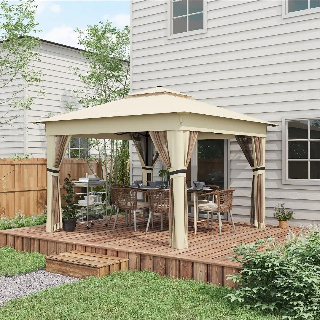 NEW 11x11 FT Solar LED Gazebo – Khaki – Remote Control – In Box  #537