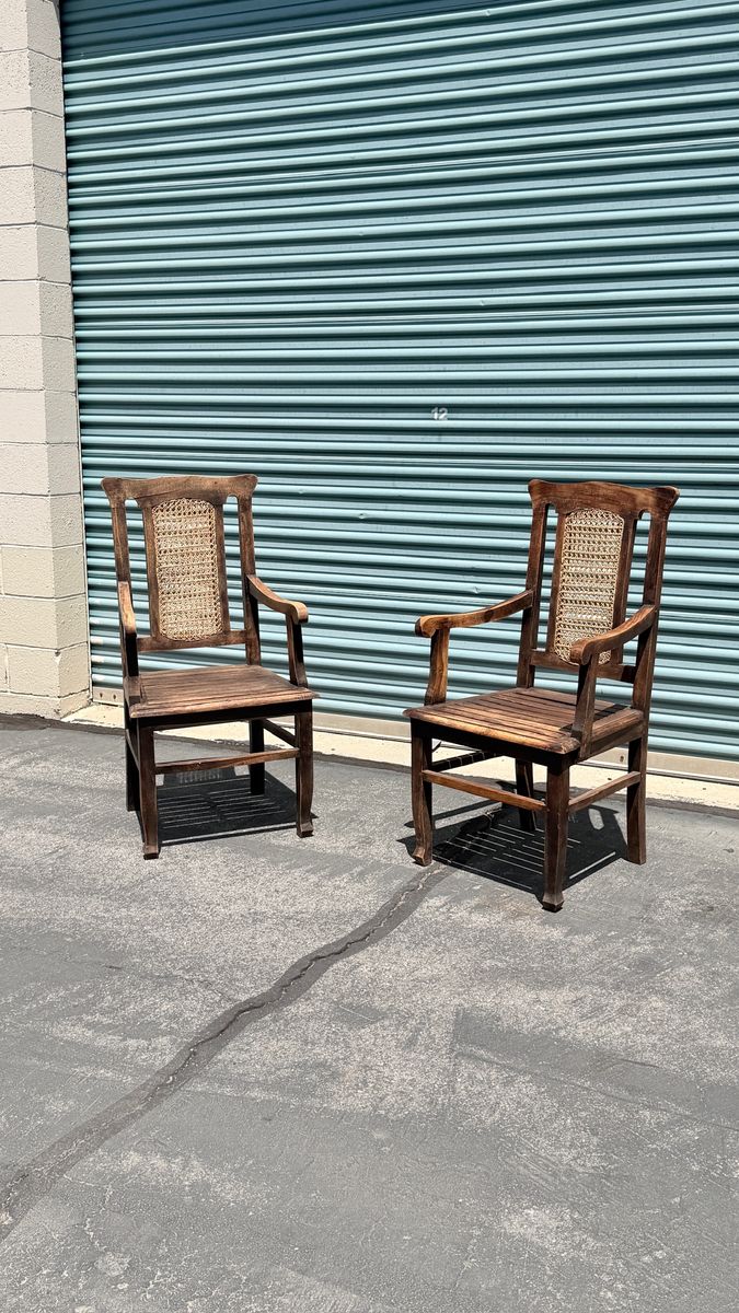 Pair of Vintage French Country Oak Rush Seat Arm Chairs