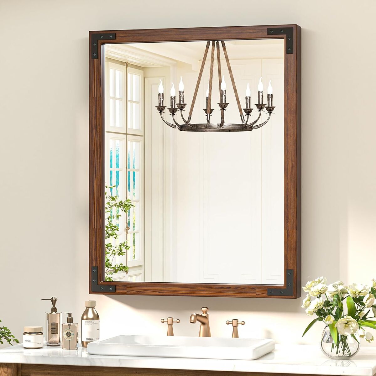 24 x 32 Inch Wood Frame Mirror for Wall, Dark Brown Walnut Wood Farmhouse Bathroom Mirror