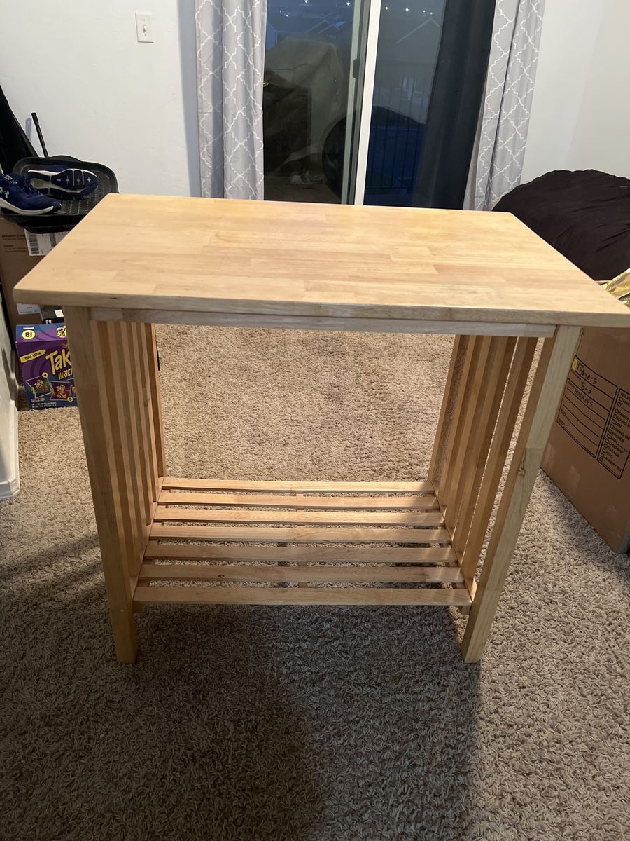Wooden Side Table / Small Kitchen Island with Slatted Shelf - Natural Finish