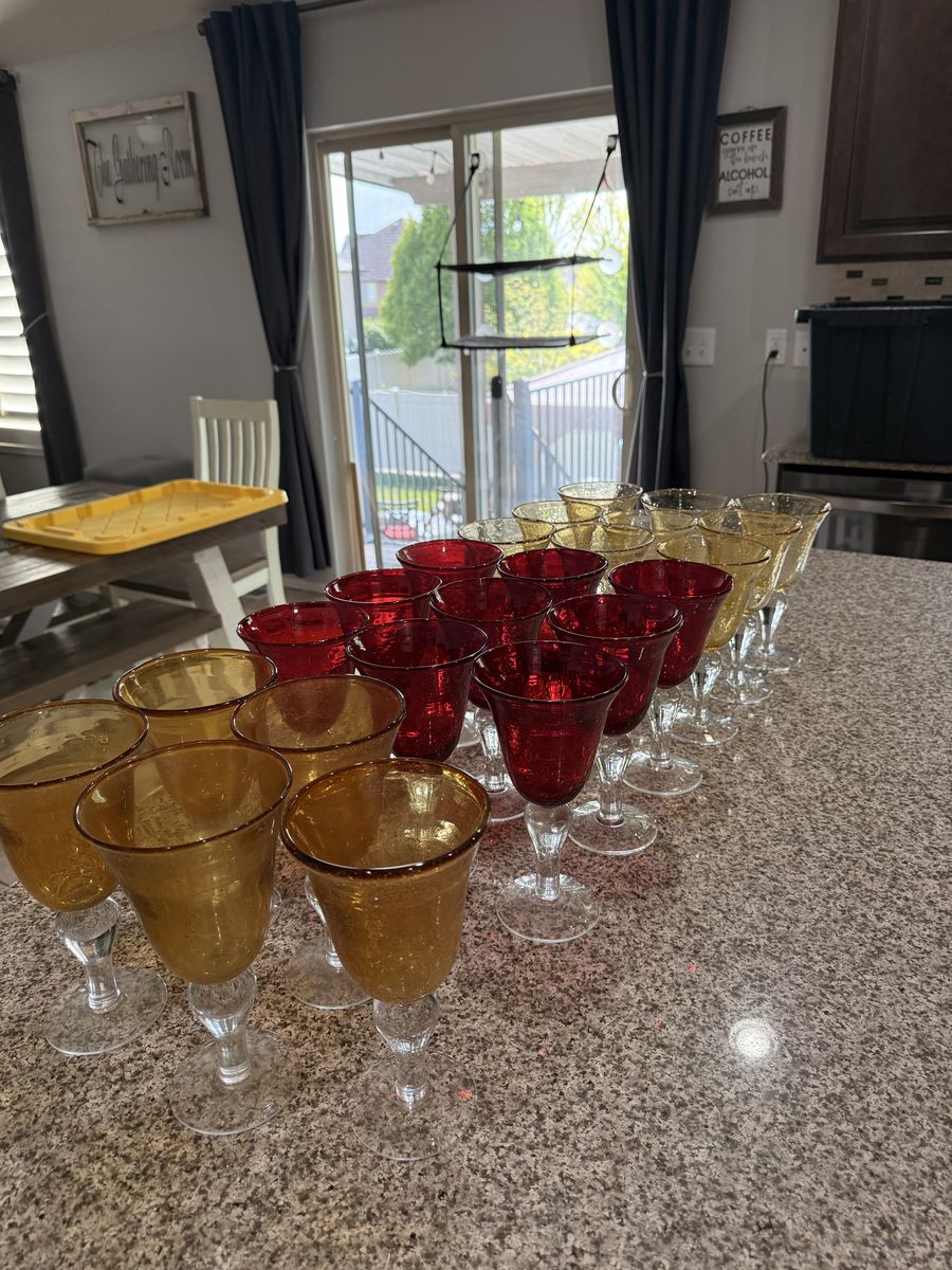 Artland Iris Seeded Amber Bubble Glasses with Clear Stems - set of 23