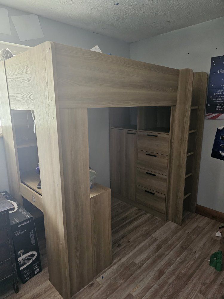 Wood Grain Loft Bed with Desk and Storage - Twin Size, Built-in Wardrobe and Shelves