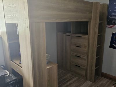 Wood Grain Loft Bed with Desk and Storage - Twin Size, Built-in Wardrobe and Shelves