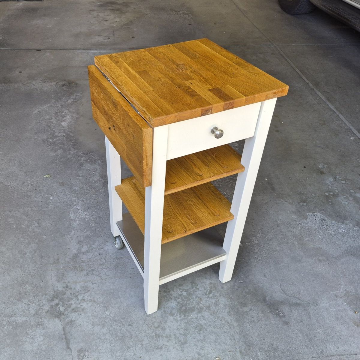 Kitchen Cart IKEA with Drop Leaf, Drawer, and Shelves - White/Wood Tone, Used