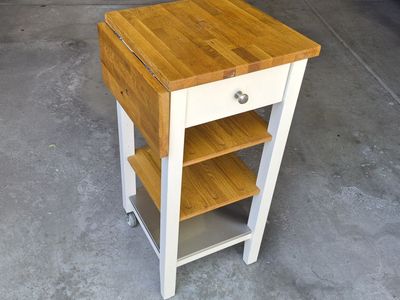 Kitchen Cart IKEA with Drop Leaf, Drawer, and Shelves - White/Wood Tone, Used