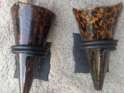 Encompass Lighting Group 2008 Wall Sconce Pair Leopard Print Glass Fixture 100W Max