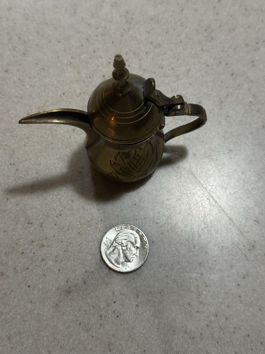 Small Brass Engraved Decorative Genie Lamp Figurine - Mini Collectible Teapot
