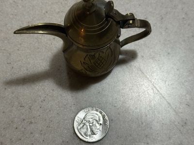 Small Brass Engraved Decorative Genie Lamp Figurine - Mini Collectible Teapot