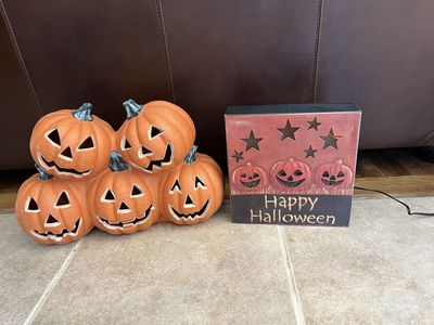 Halloween decorations: stacking pumpkins (doesn’t light up) sign does $15 each
