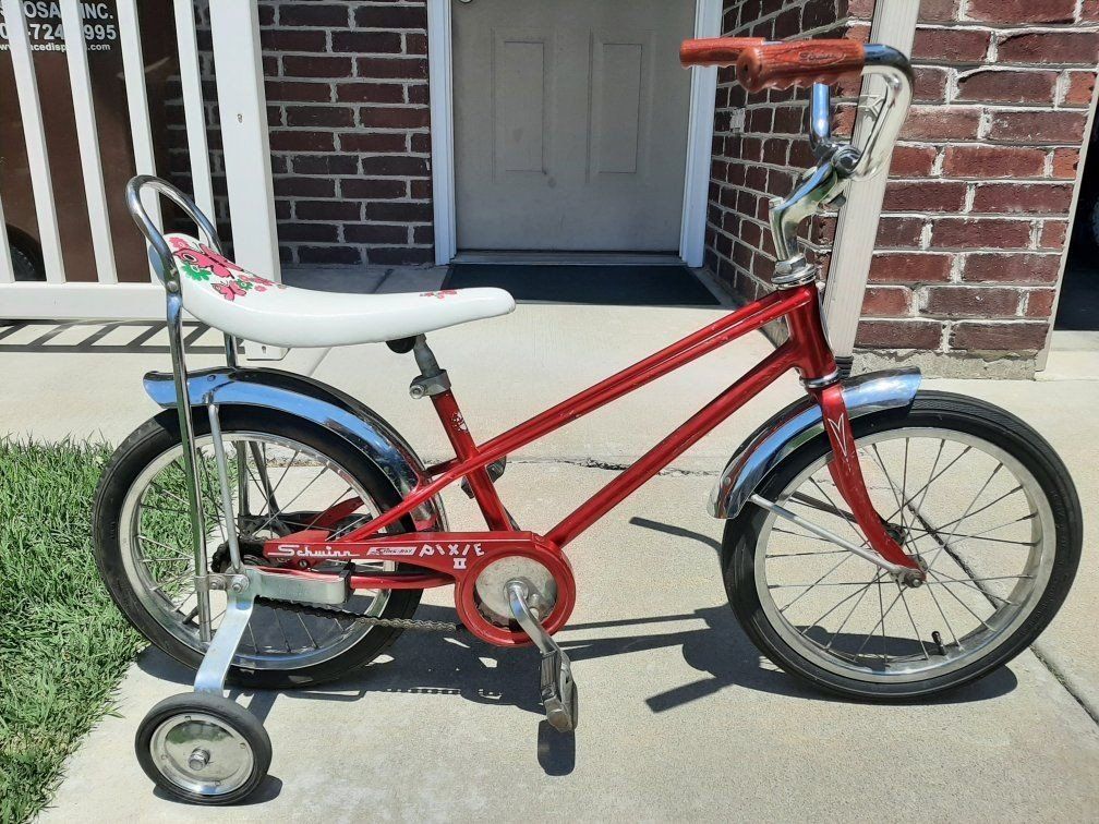 Vintage Schwinn Pixie II Kids' Bicycle - Red, Floral Banana Seat, w/ Training Wheels