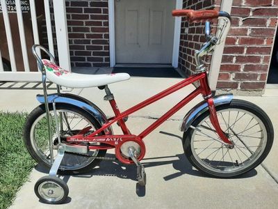 Vintage Schwinn Pixie II Kids' Bicycle - Red, Floral Banana Seat, w/ Training Wheels