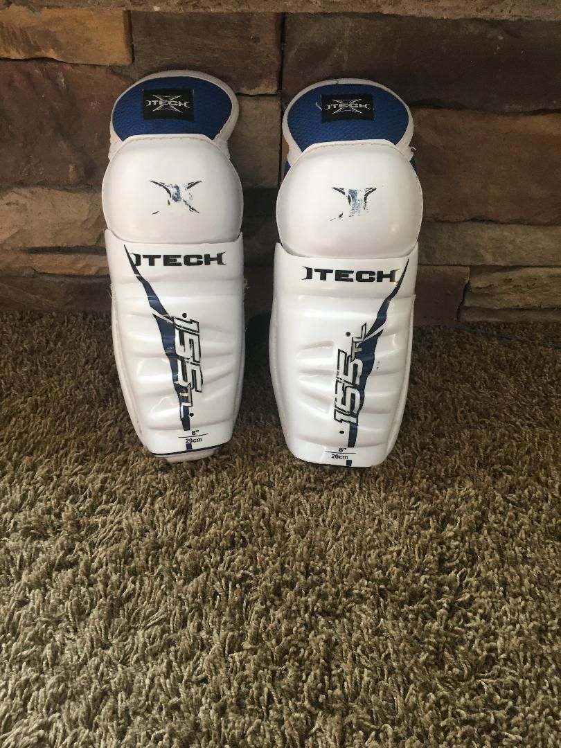 Itech 8" Ice Hockey Shin Guards - White/Blue - Youth/Junior Size