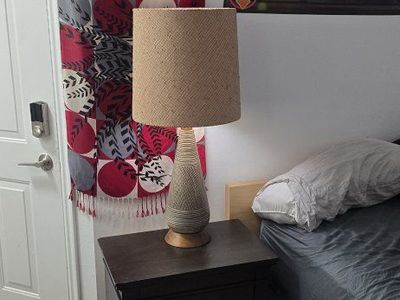 Vintage Mid-Century Modern Lamp, Ceramic Base, Burlap Shade, Neutral Tone