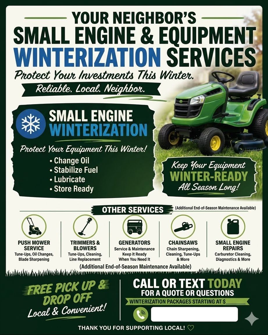 Small engine winterization packages - FREE local pick up and delivery