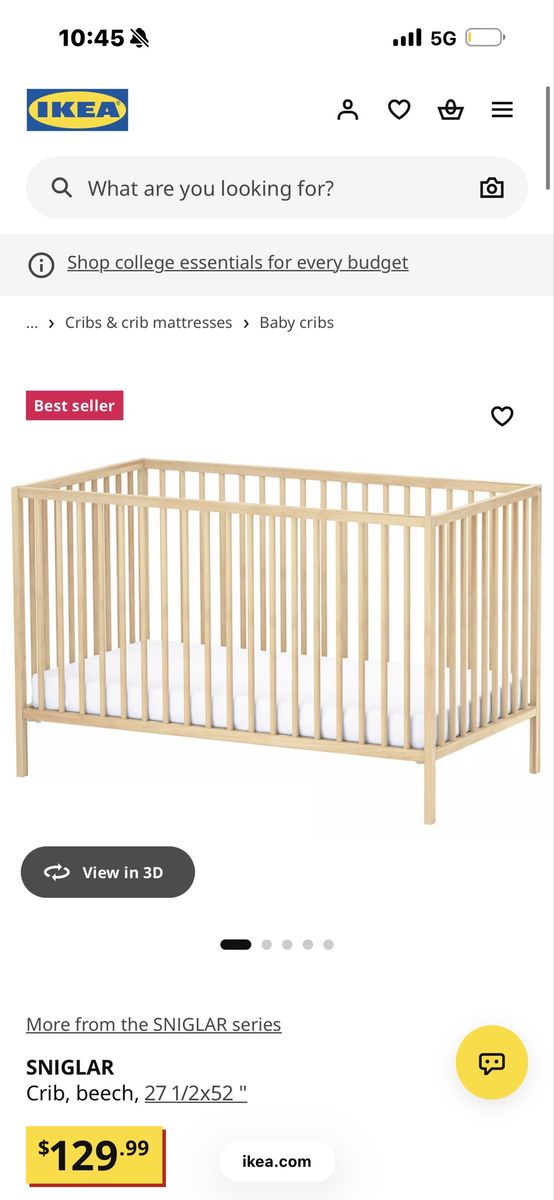IKEA SNIGLAR Beech Baby Crib 27 1/2 x 52