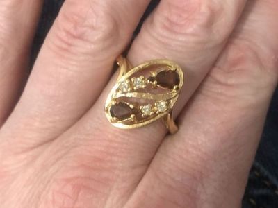 Elegant Gold Ring with Oval Cut Brown Gemstones and Diamond Accents, Size 7