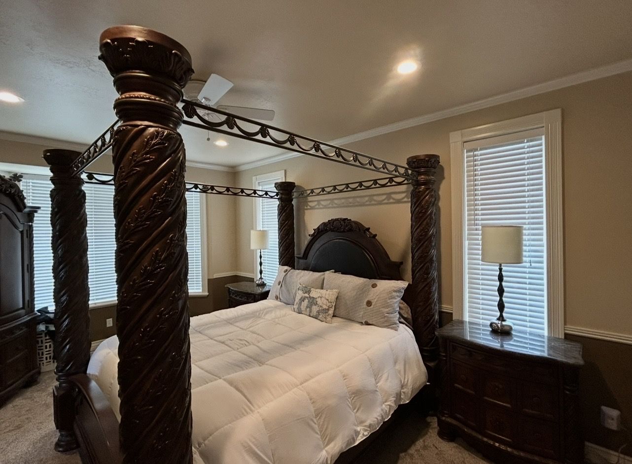 Ornate King Bed Frame, 7' Armoire and Nightstands
