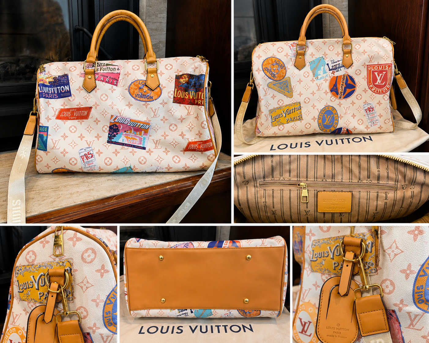 LV Inspired Travel Patch Leather Duffle Bag New 18x10in