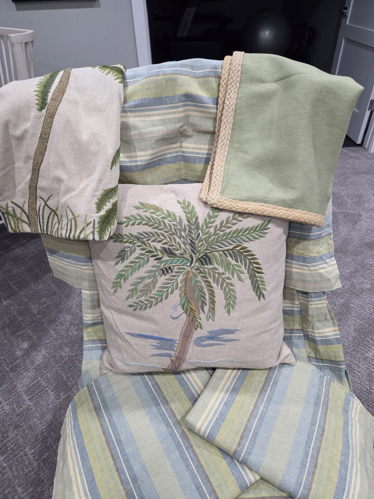 Pottery Barn King Size Green & Blue Striped Duvet and Pillow Shams