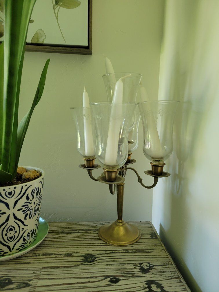 Vintage Brass Candelabra with Etched Glass Hurricanes - 5-Arm Candlestick Holder
