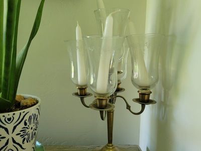 Vintage Brass Candelabra with Etched Glass Hurricanes - 5-Arm Candlestick Holder