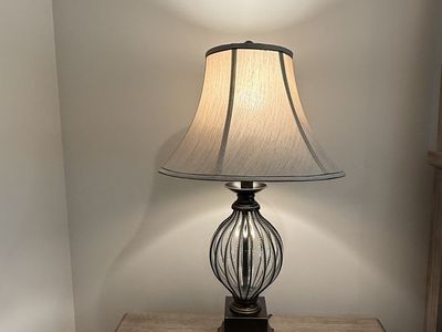 Pair of Bedside Table Lamps with Ribbed Glass and Dark Metal Base