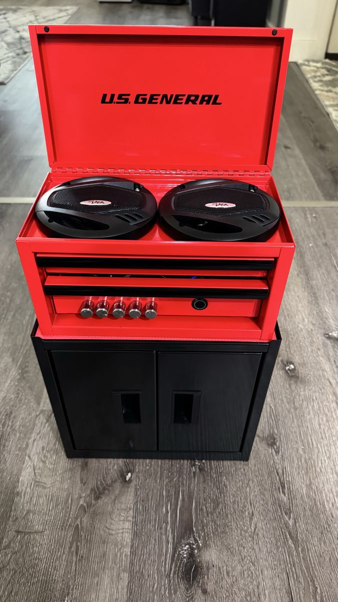 Custom US General Tool Box Stereo with Subwoofer and Speakers - Unique Audio Setup