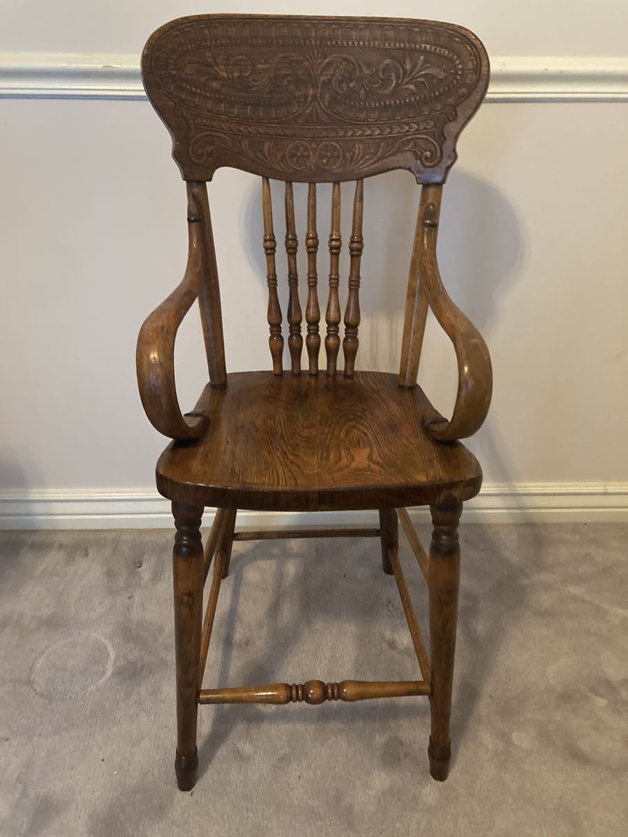Antique Amish Apple Grove Oak Pressed Back Dining Arm Chair