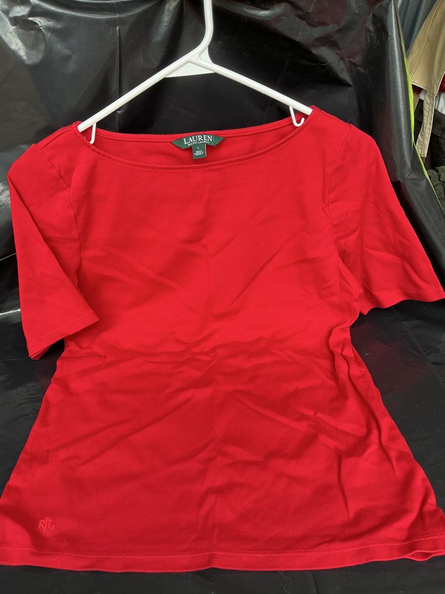 Lauren Ralph Lauren Women's Red 3/4 Sleeve Boat Neck T-Shirt Top - Size L