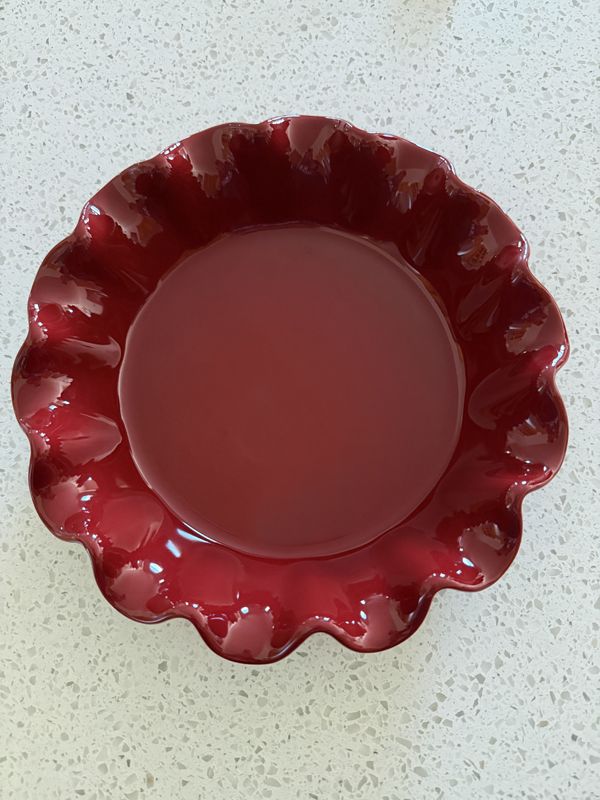 Emile Henry Ruffled Edge Pie Dish, 10.4 in, Red Fluted Ceramic Bakeware, Made in France