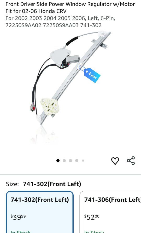 Front Driver Side Power Window Regulator w/Motor for 02-06 Honda CRV 6-Pin 72250S9AA02 741-302