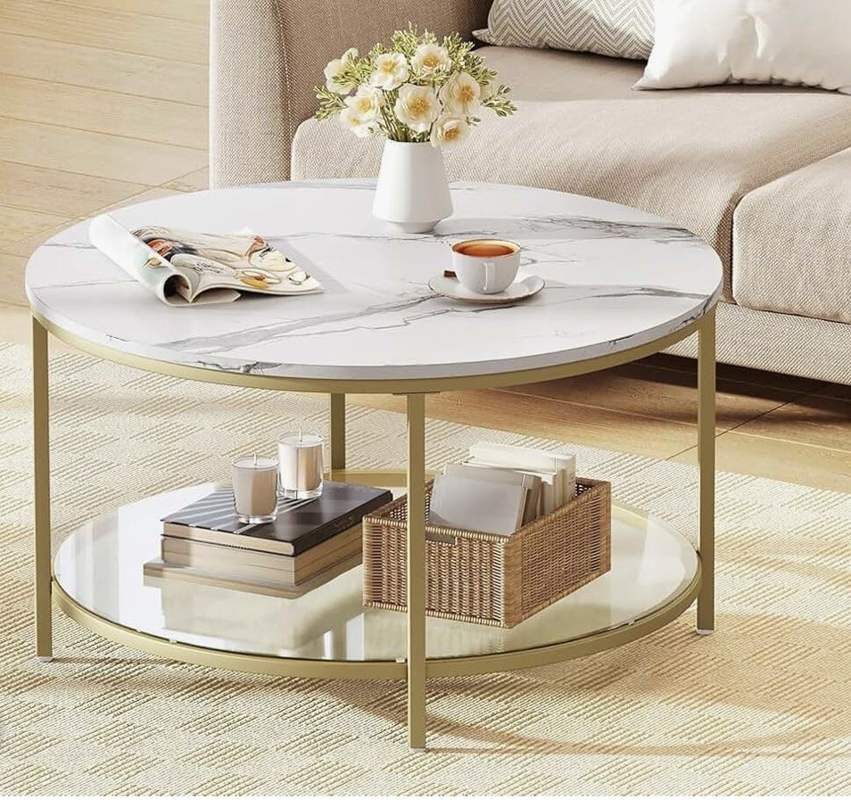 Round Coffee Table with Faux Marble Top and Gold Metal Frame.